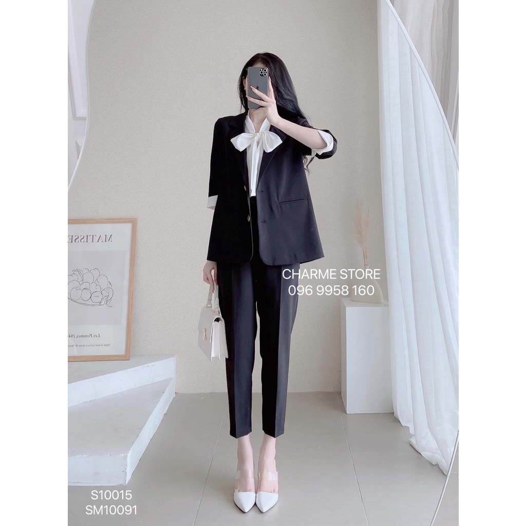 Áo sơ mi nữ trơn dài tay cổ nơ thiết kế Charme 110091