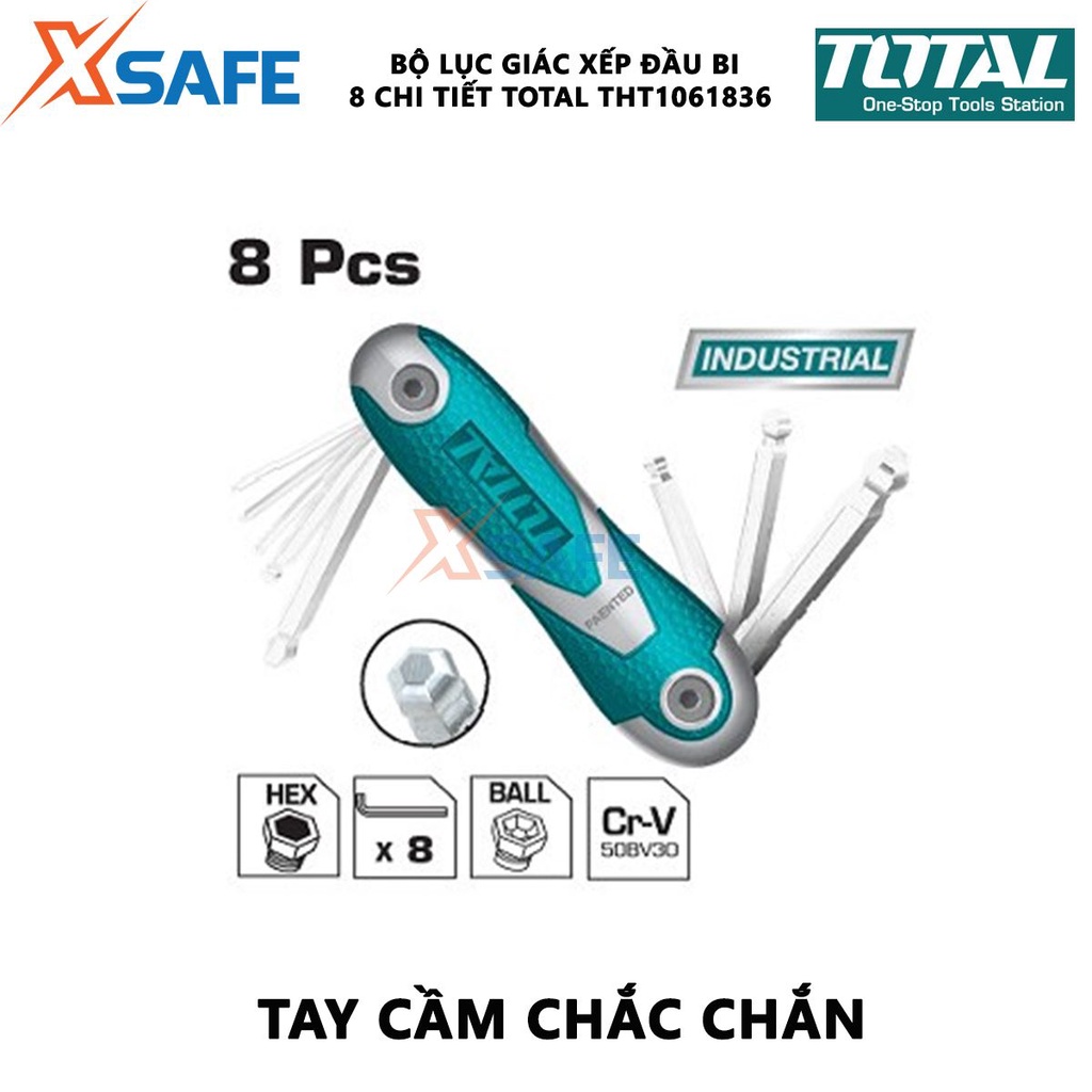 Bộ khóa lục giác xếp 8 chi tiết TOTAL THT1061836 Bộ 8 chìa lục giác bi Kích thước 2 - 8mm Thép CR-V tháo lắp