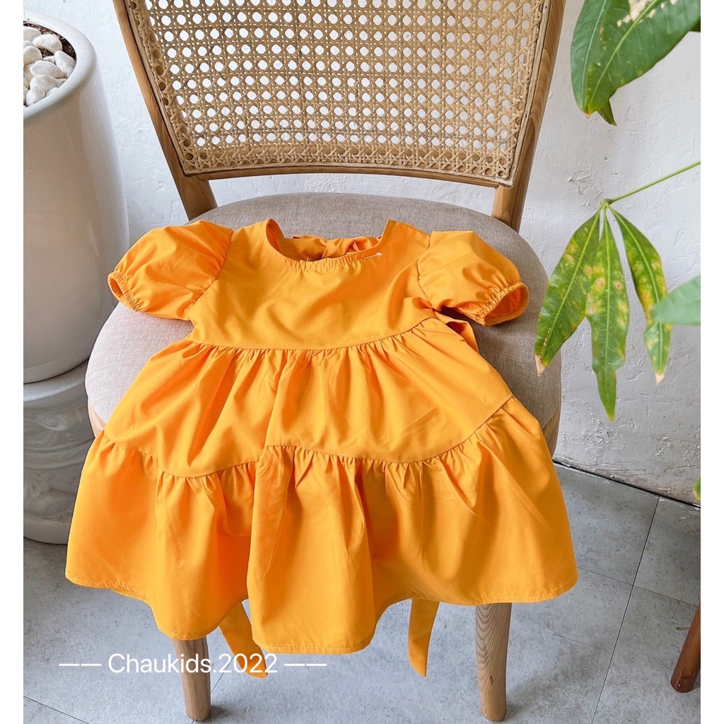 Váy thô tay bồng vàng-xanh bé gái