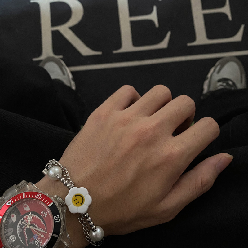 Vòng Tay Đính Ngọc Trai Giả Mặt Cười Phong Cách Harajuku Thời Trang Unisex 19402