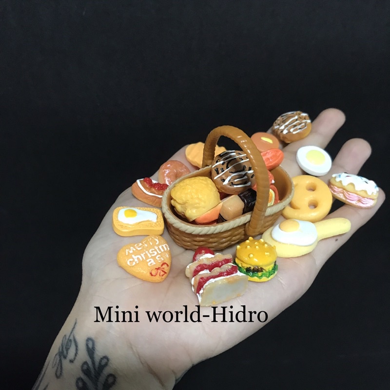 Set combo mô hình giỏ bánh mì mứt bánh trái nước ngọt mini tí hon tỉ lệ 1/12 1/8 dành trang trí nhà búp bê
