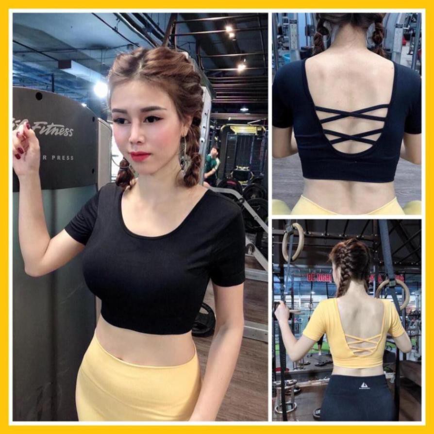 [EMMA] Áo Tập Gym Nữ Thể Thao [CROPTOP] Dệt Đan X Lưng Tay Ngắn Có Mút [ĐỒ TẬP]