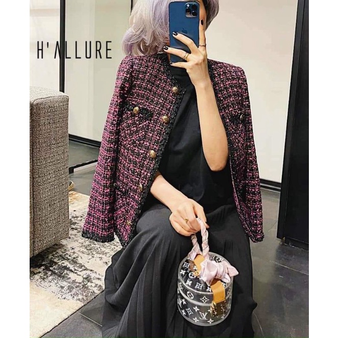 Vải dạ tweed kẻ hồng tím/ đen