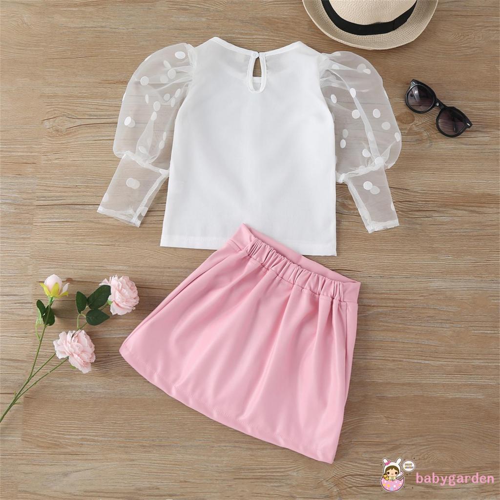 Bộ áo sơ mi trắng tay dài + chân váy đính nơ họa tiết chấm bi phối nút vàng thời trang cho bé gái 1-6 tuổi