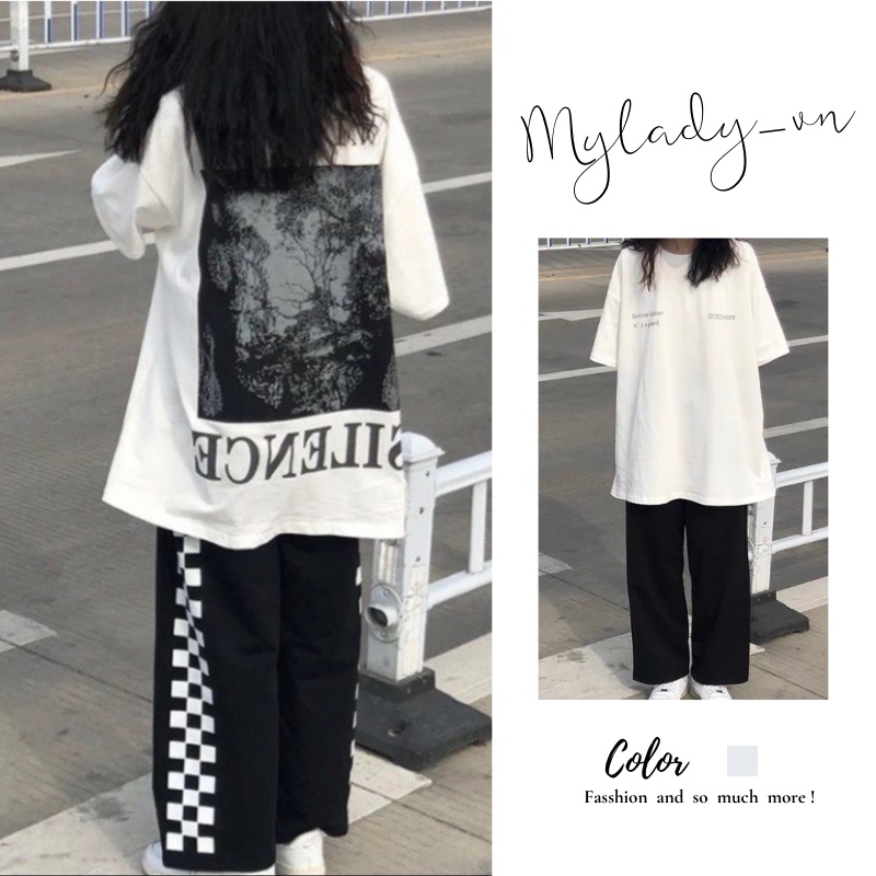 bộ quần áo nữ gồm áo thun tay lỡ in hình SILENCE và quần dài caro chạy dọc unisex ulzzang MYLADY
