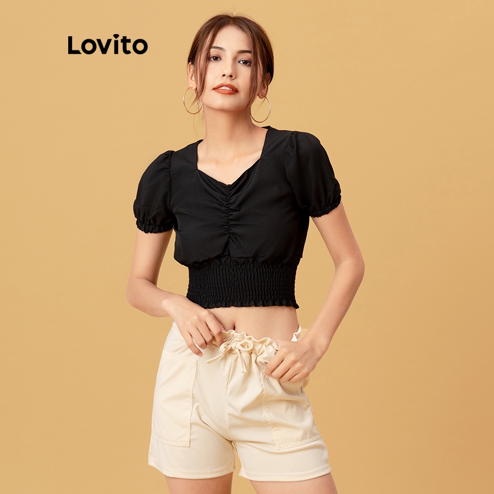 Áo kiểu Lovito tay phồng thời trang cho nữ L05279 (Màu trắng / Màu đen) | BigBuy360 - bigbuy360.vn