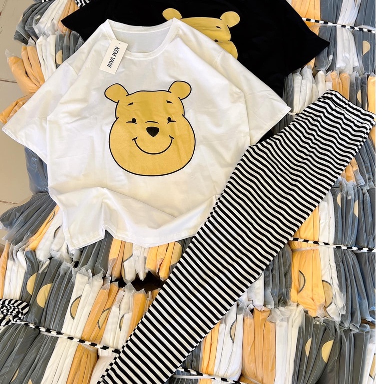 Đồ bộ nữ, set đồ bộ quần legging thun gân borip và áo thun cotton ngắn tay form rộng in gấu, đồ bộ mặc ở nhà