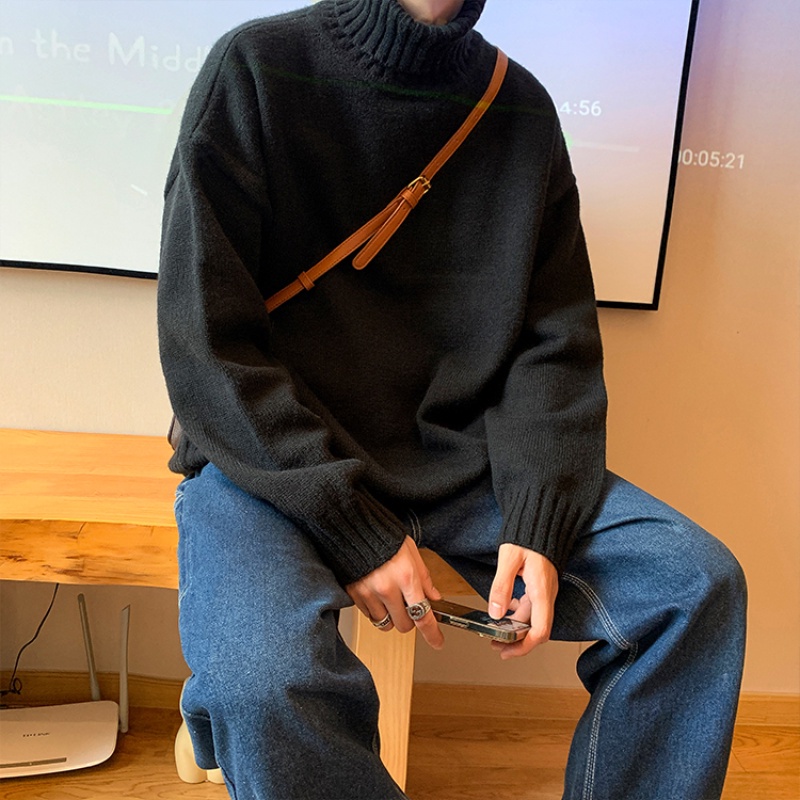 Áo sweater dệt kim dày dáng rộng tay dài cổ lọ màu trơn phong cách Hàn Quốc retro mùa đông cho nam