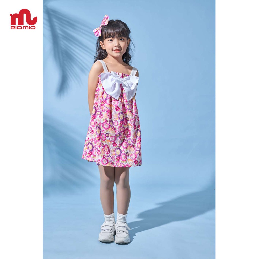Váy bé gái 3-11 tuổi (15-40kg) RIOMIO 2 dây nơ ngực họa tiết hoa 2 màu xanh và hồng chất cotton siêu xinh cho bé - RV181