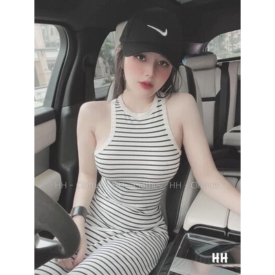 Váy đầm ba lỗ sát nách kẻ cổ tròn