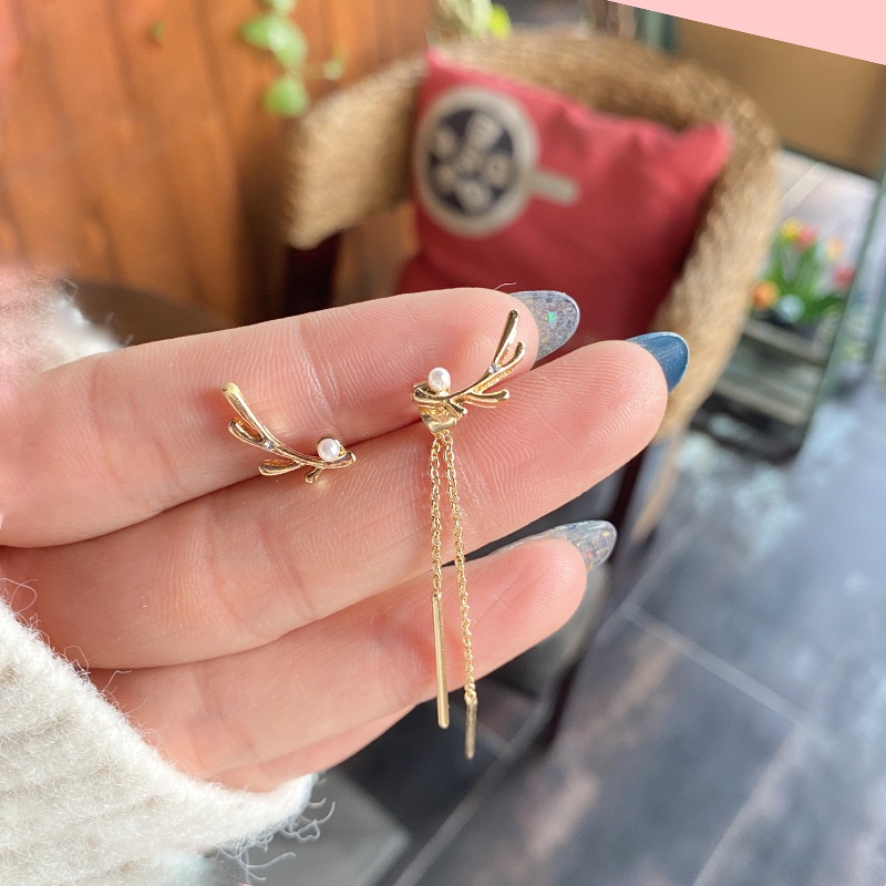 Khuyên tai kẹp không bấm lỗ chốt cố định K110 bằng hợp kim mạ vàng bất đối xứng hính khối đính đá dáng dài Leous