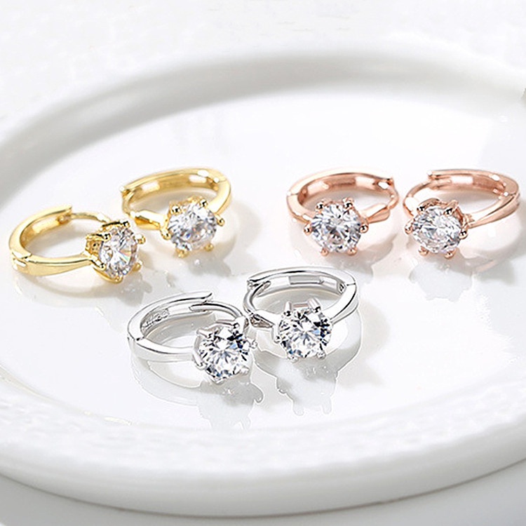 Khuyên Tai Tròn / Mũi Tên Sáu Móng Đính Đá Zircon Thời Trang Hàn Quốc Cho Nữ