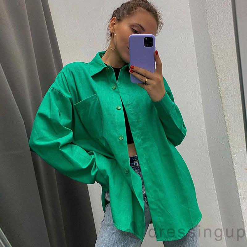 DRE-Women´s Long Sleeve Shirt, Solid Color Turn-Down Collar Button-Down Loose Fit Shirt
