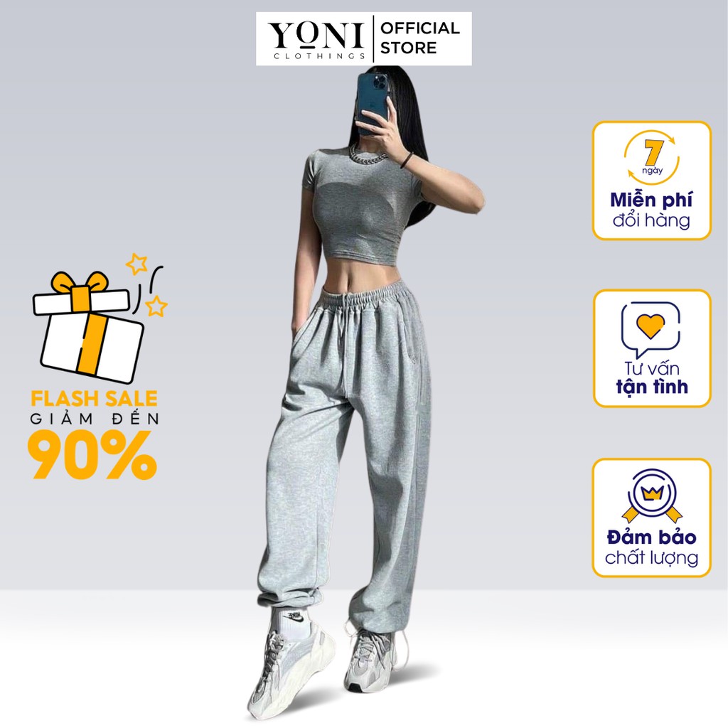 Quần jogger nữ chất nỉ cotton bo gấu ống rộng phong cách thể thao phù hợp tập gym, mặc ở nhà Yoni CD040