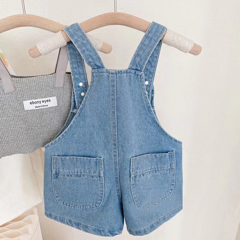 Quần Yếm Jeans Ngắn Màu Trơn Có Túi Lớn Dễ Thương Cho Bé Gái