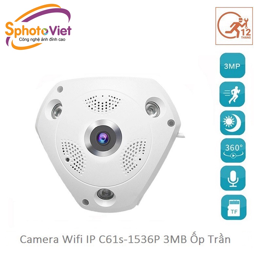 Camera wifi IP Vstarcam C61s FHD 1536P  ốp trần, góc rộng 180 độ, toàn cảnh 360