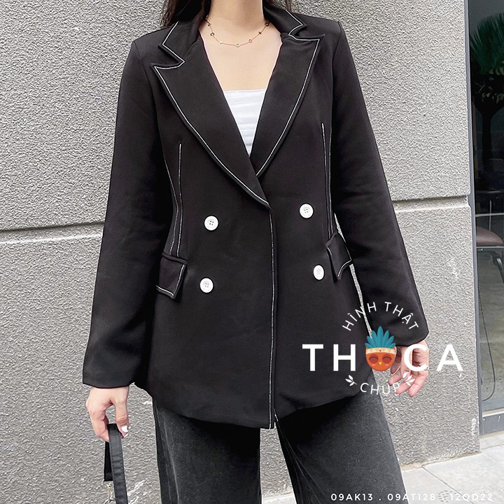 Áo khoác vest blazer nữ đen viền trắng THOCA HOUSE sang trọng, quí phái mặc công sở, dự tiệc cho nàng | BigBuy360 - bigbuy360.vn