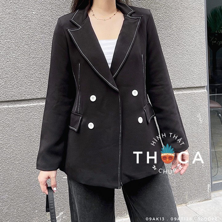 Blazer nữ khoác vest công sở đen viền trắng THOCA HOUSE thời trang hiện đại, mặc đi làm, đi sự kiện chuyên nghiệp | BigBuy360 - bigbuy360.vn