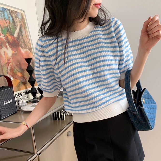 Áo thun ZHELIHANGFEI vải dệt kim tay ngắn phồng kẻ sọc màu cầu vồng dễ thương