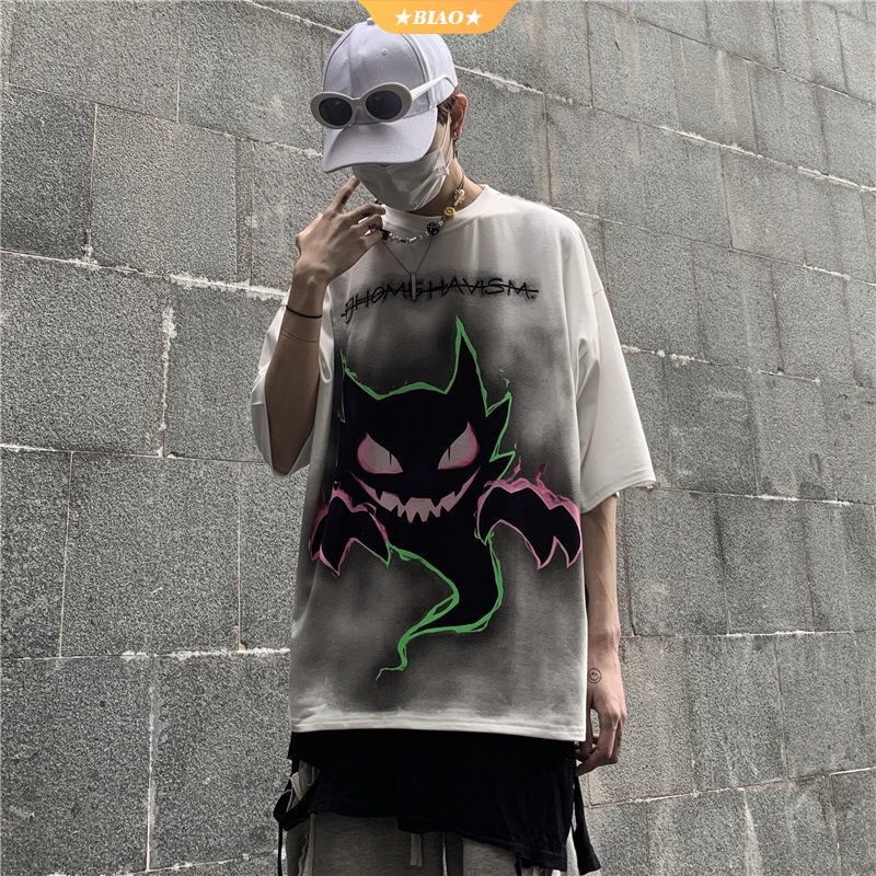 Streetwear Fashion Korea Oversized Shirt Dark Pokémon Printing T-shirt Tie-dye Hip Hop Loose Fit Plus Size Tee Short Sleeve for Men and Women 【BIOAKU】