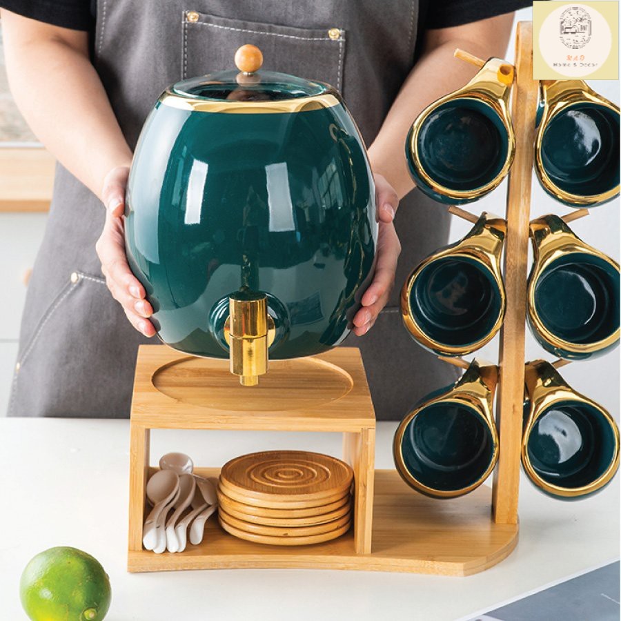 Bộ ấm chén chum sứ xanh cổ vịt viền vàng kèm khay gỗ treo phong cách Bắc Âu 20 món