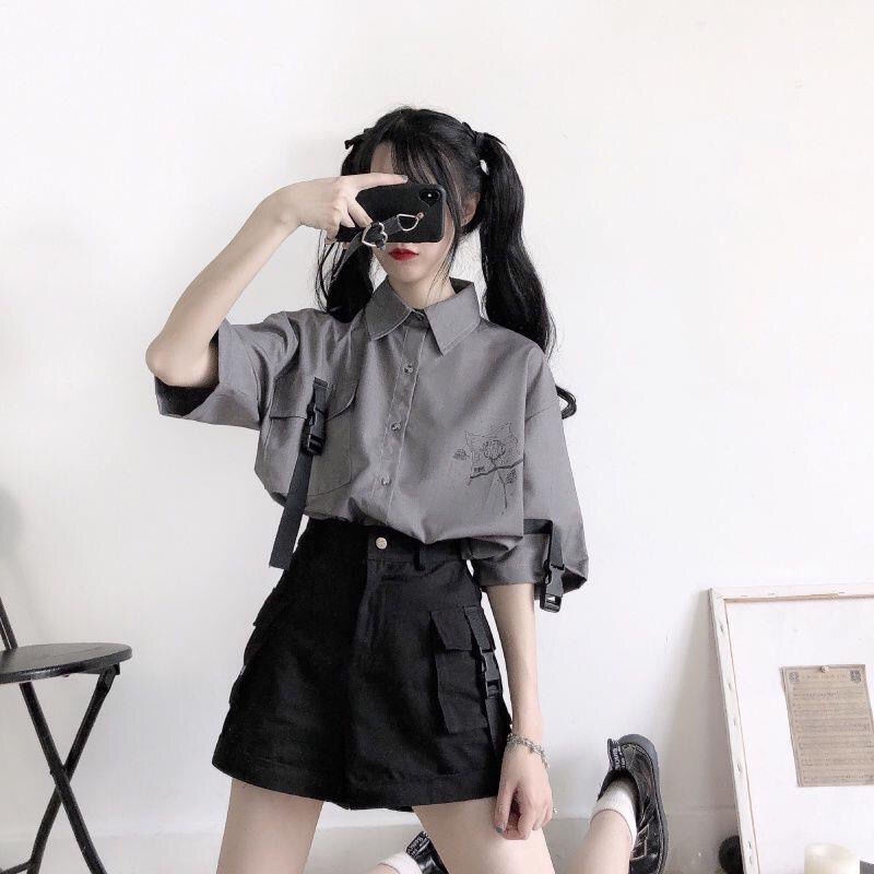 Set Áo Sơ Mi Tay Ngắn + Quần Yếm Dài Ống Rộng Thời Trang Cho Nữ