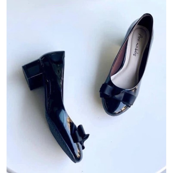 Giày cao gót công sở 3 phân mũi tròn gót vuông gắn nơ ú