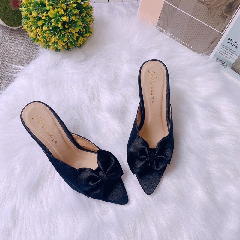 Guốc cao gót mũi nhọn gót nhọn nơ lụa 7p cực đẹp hàng vnxk cao cấp