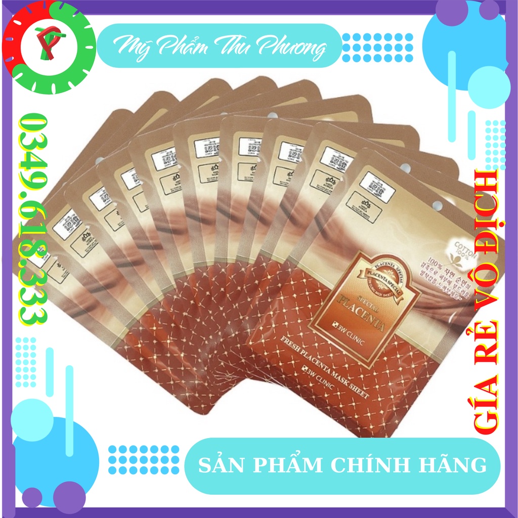 30 Mặt nạ dưỡng da thiên nhiên Nhau thai cừu Mỹ phẩm chăm sóc da chính hãng Hàn Quốc 3W Clinic Fresh Placenta mask sheet