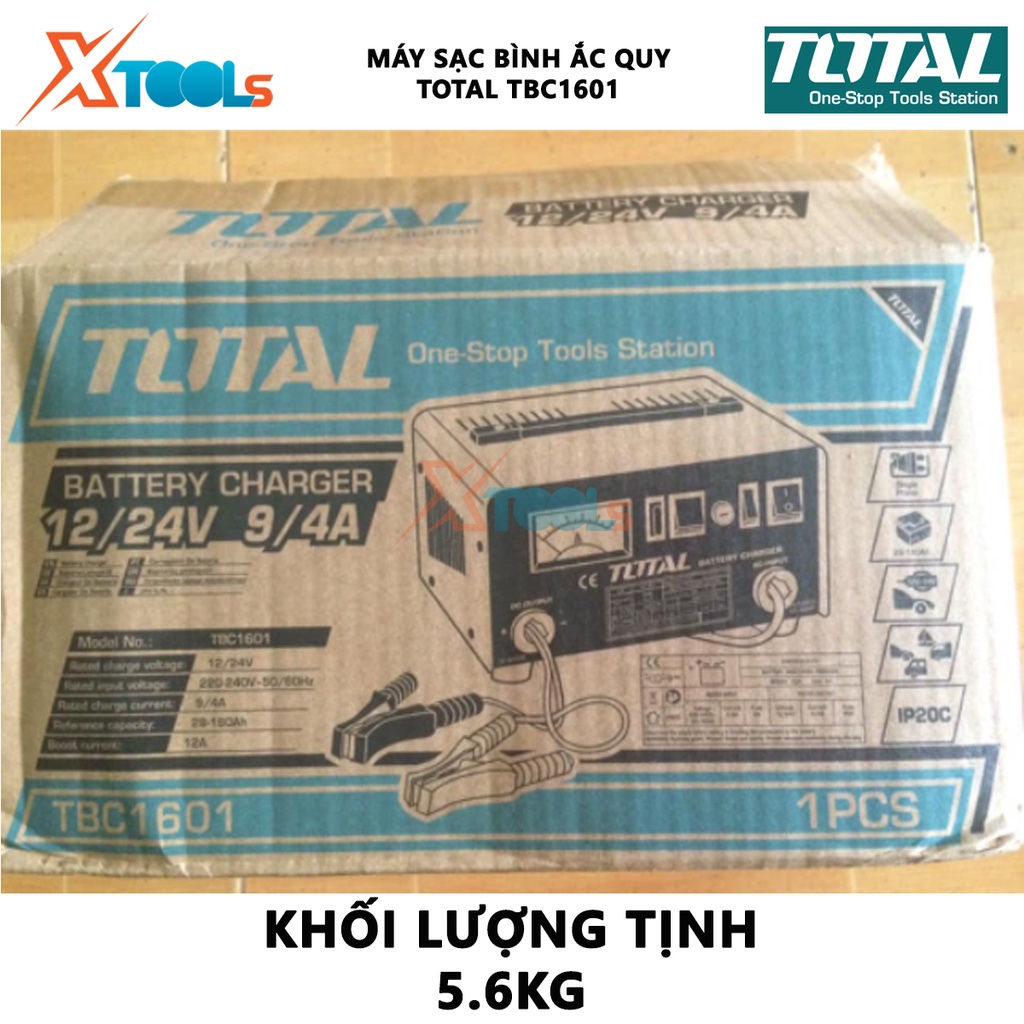 Máy sạc bình điện ắc qui TOTAL TBC1601 Thiết bị sạc bình Điện áp vào 12/24V Dòng điện định mức 9/4A hỗ trợ sạc bình