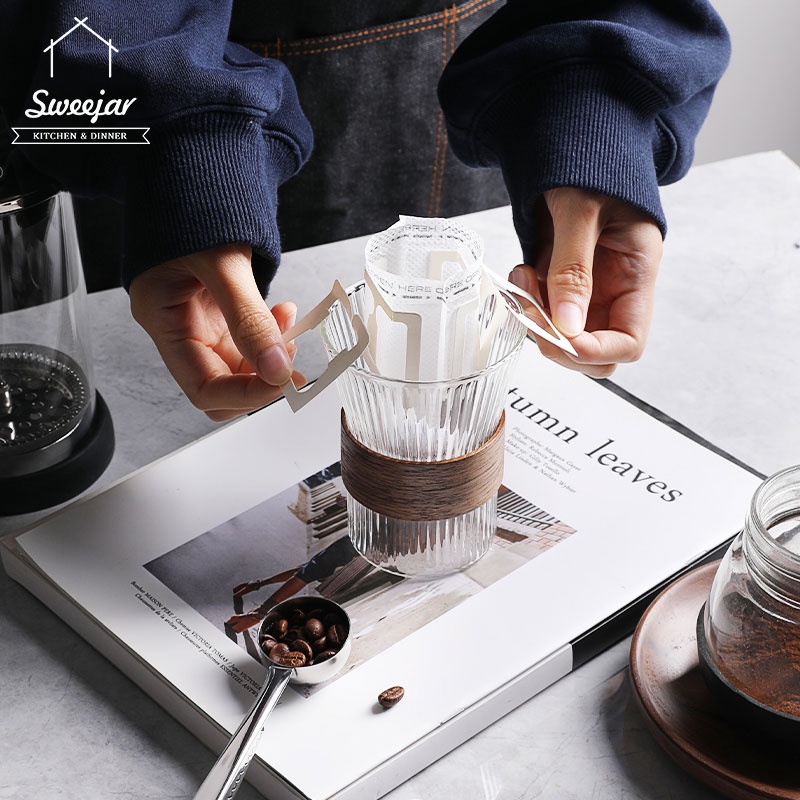 Ly pha cà phê/trà SWEEJAR bằng thủy tinh borosilicate kèm vòng gỗ cầm tay chống bỏng tiện dụng 250ml