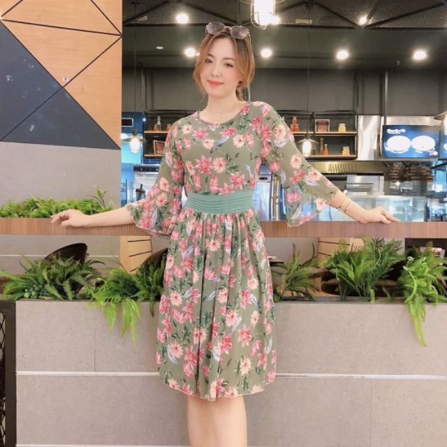 Đầm voan hoa cổ tròn tay loe cột nơ eo