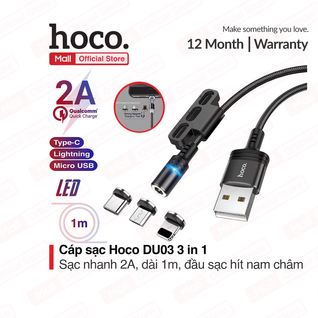 Cáp sạc Hoco DU03 3 in 1 ( Lightning/Micro/Type-c ), sạc nhanh 2A, dài 1m, đầu sạc từ tính dễ dàng sử dụng