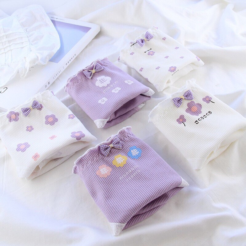 Quần Lót Cotton Co Dãn 4 Chiều Hoa 5 Cánh Tím Pastel
