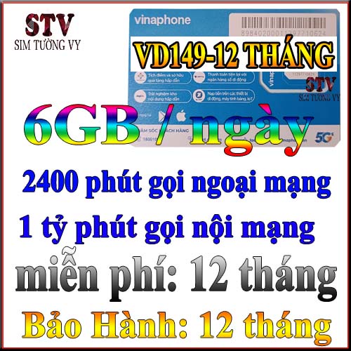 Sim 4g vinaphone VD149 trọn gói 1 năm (4gb/ngày + 2400 phút gọi ngoại mạng + 1 tỷ phút nội mạng)