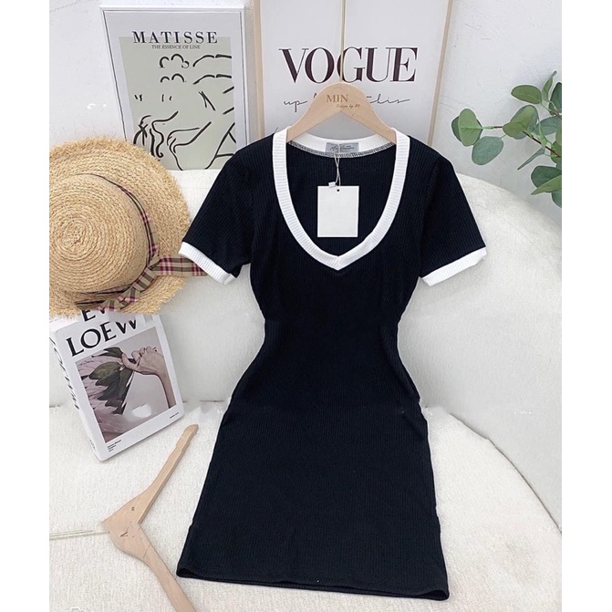 Đầm body,đầm váy body cổ tim phối màu  chất thun gân mềm , co giãn thoải mái .Mẫu mới 2022