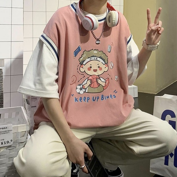 Áo thun nam Tay Ngắn áo thun tay lỡ Giả Hai Lớp In áo phông nam Họa Tiết áo phông form rộng Thời Trang áo thể thao nam phong cách Hàn Quốc áo thun mỹ áo thun kiểu nữ