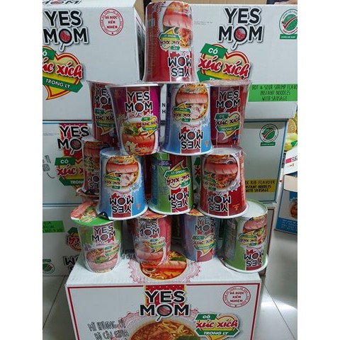 mì ly xúc xích yes mom hỗn hợp mix 3vị (bò, sườn, tôm) 24ly/thùng