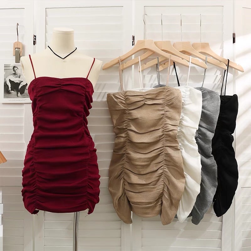 (Ảnh thật) Váy đầm 2 dây ôm body chất len mỏng nhíu thân sexy đi tiệc đi bar du lịch