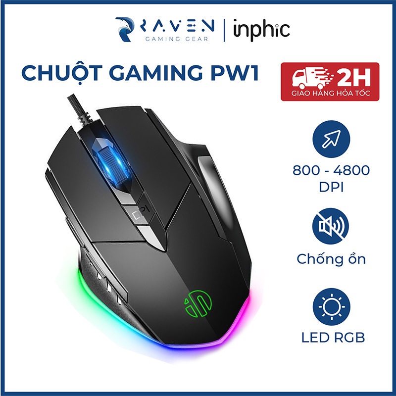 Chuột gaming có dây INPHIC PW1, chuột chơi game LED, 4000DPI, chống ồn - Raven Gaming Gear