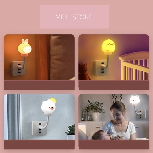 Đèn ngủ đầu cắm USB hình gấu  Hẹn giờ điều khiển từ xa  3 cấp độ sáng  Đèn ngủ phòng ngủ trẻ em
