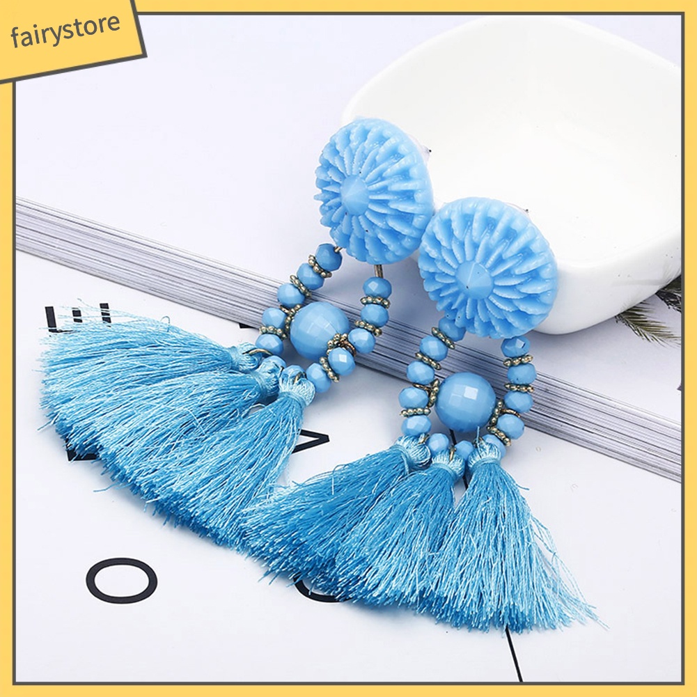 Khuyên Tai Chuỗi Đính Hạt Nhựa Phối Tua Rua Phong Cách Bohemian