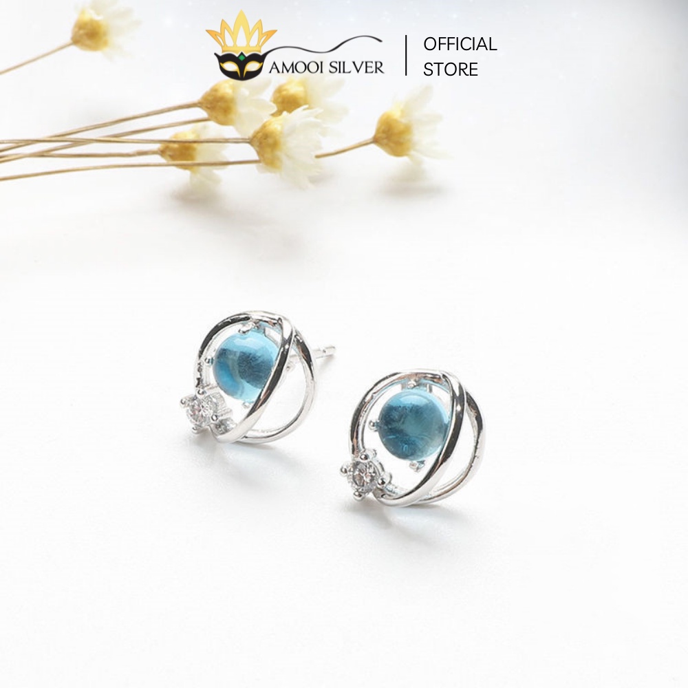 Bông Tai Bạc Cao Cấp S925 Đính Đá Xanh Ngọc Blue Eye - Amooi Silver AB55