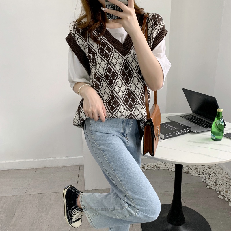 SUXI Áo Len Nữ Không Tay Cổ Chữ V Form Rộng Theo Phong Cách Vintage Đơn Giản