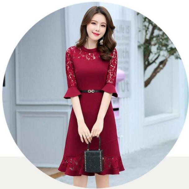 SHOP DẠ HỘI  Đầm đỏ body dự tiệc phối ren đuôi cá cao cấp tặng hoa tai thời trang xinh xắn