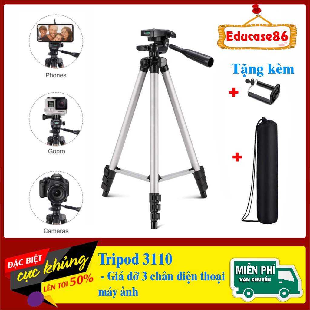 Giá đỡ điện thoại 3 chân Tripod 3110 - Tặng kẹp điện thoại và túi đựng - chụp hình, quay phim, chống rung Educase86