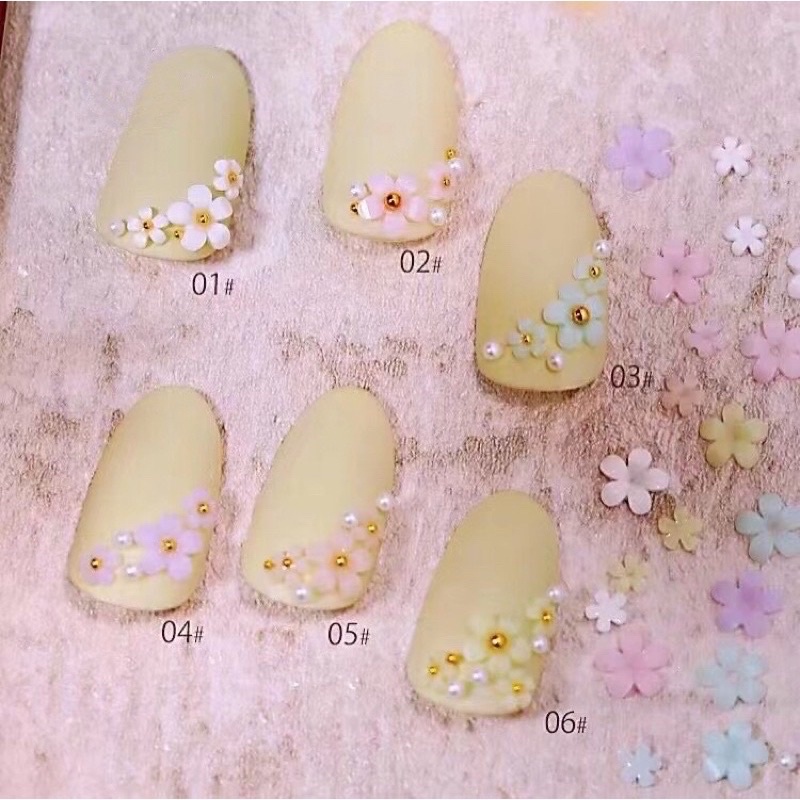 Sét Phụ Kiện Hoa Nhí Mix 6 Màu Kèm Bi Vàng Bạc Gắn Móng , Charm Nail