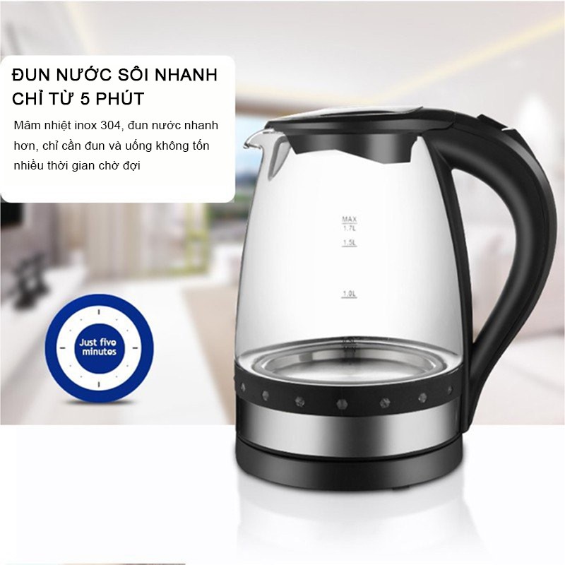 Ấm Đun Nước Siêu Tốc Thủy Tinh Công Suất 1500W Dung Tích 1.7L Tự Động Ngắt Khi Nước Sôi Có Led Sang Trọng