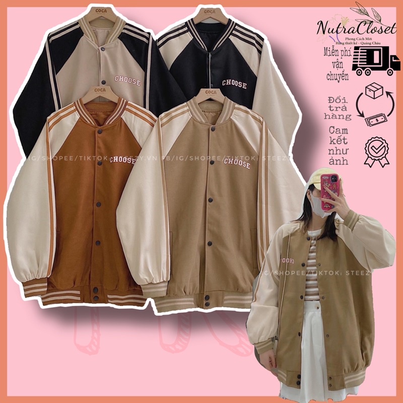 Áo khoác bóng chày bomber kaki da lộn 2 lớp in choose unisex ulzzang nam nữ