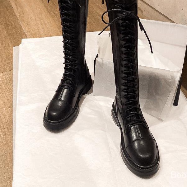 Giày bốt da cổ cao mềm mũi tròn có dây thắt thời trang dành cho nữ | BigBuy360 - bigbuy360.vn